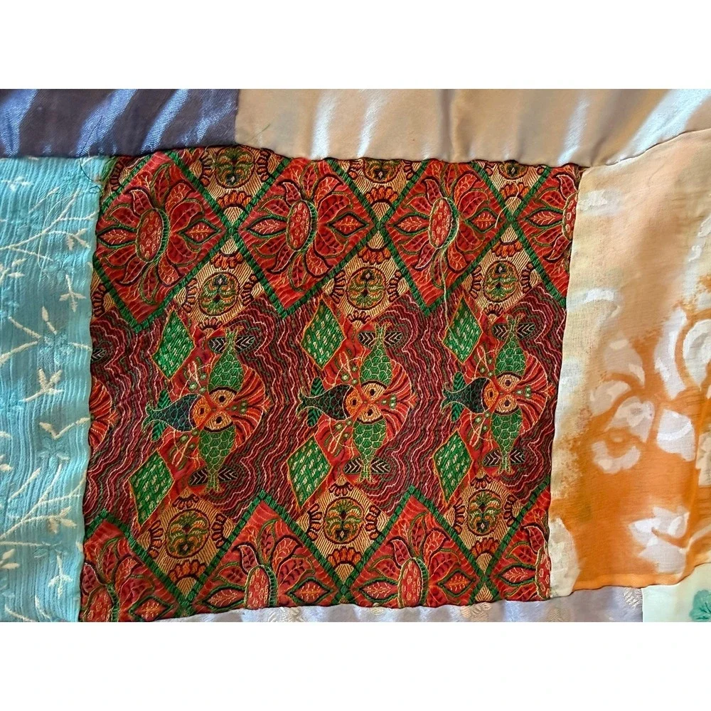 Old crazy Quilt. Patchwork silky fabrics